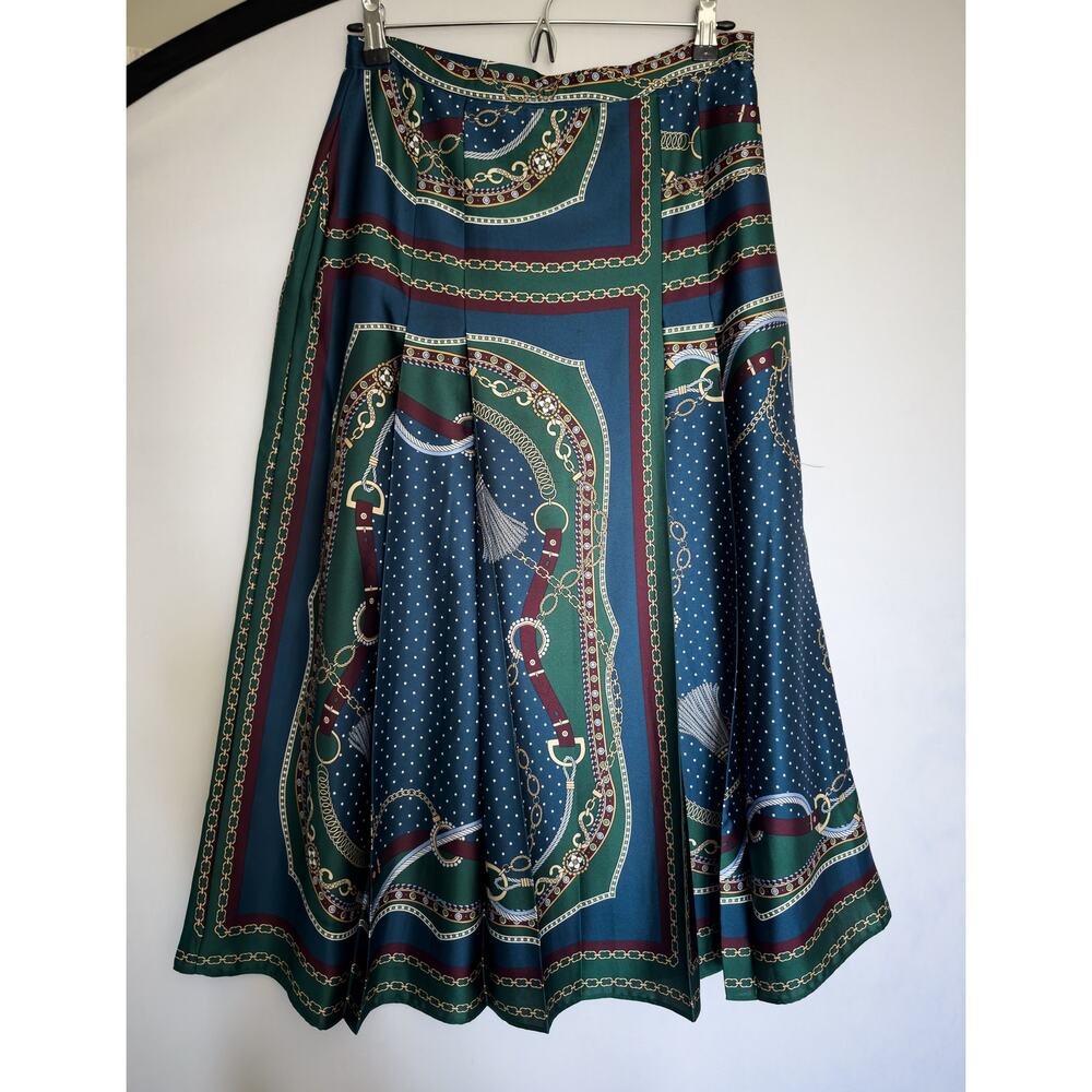 Ann Taylor NWT Shirt (XS) Full Pleated Skirt (0) Set Navy/Green Chain Print - Picture 4 of 12